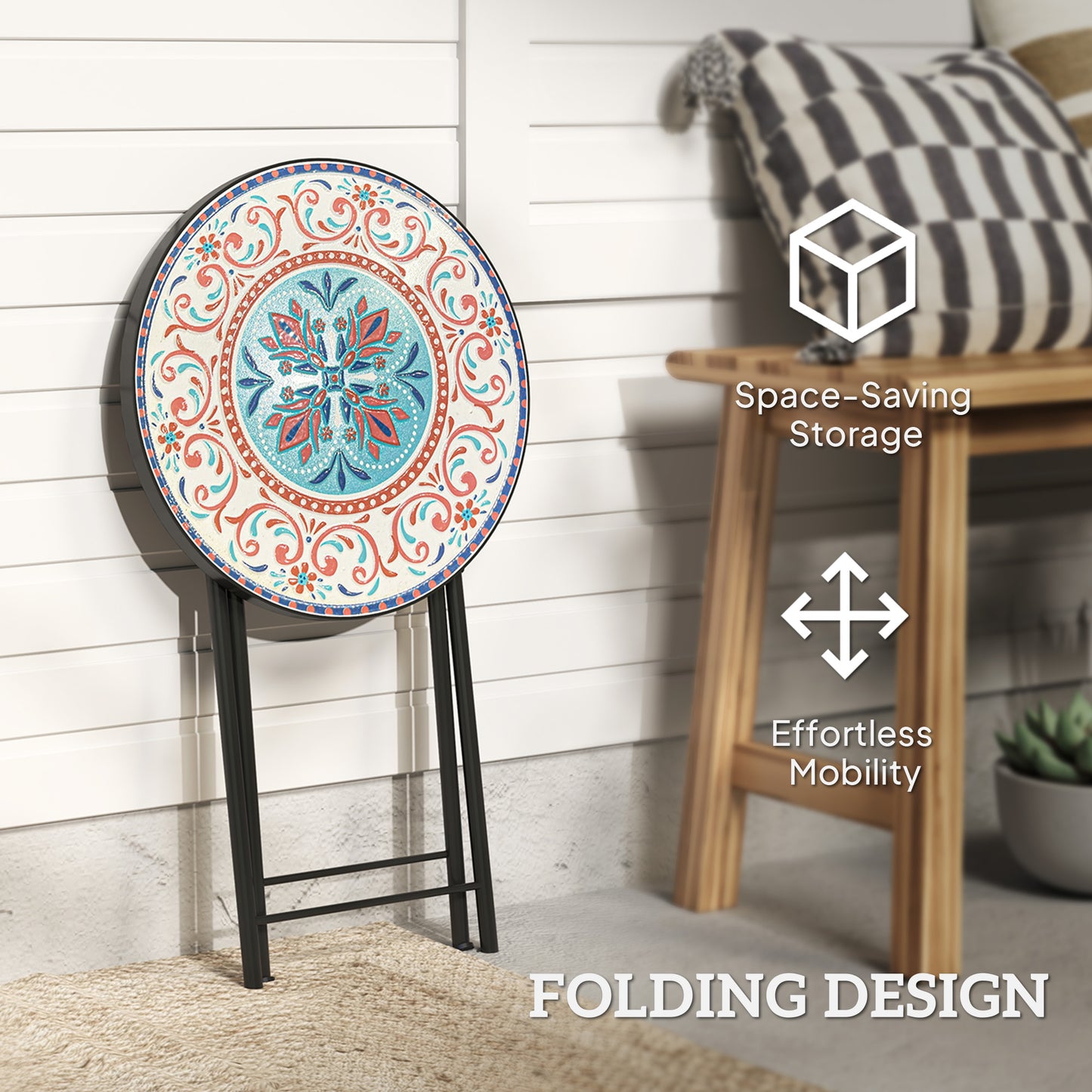 Outsunny Mosaic Outdoor Garden Table 35.5cm Round Folding Coffee Table With Metal Frame For Balcony Terrace Multicolour
