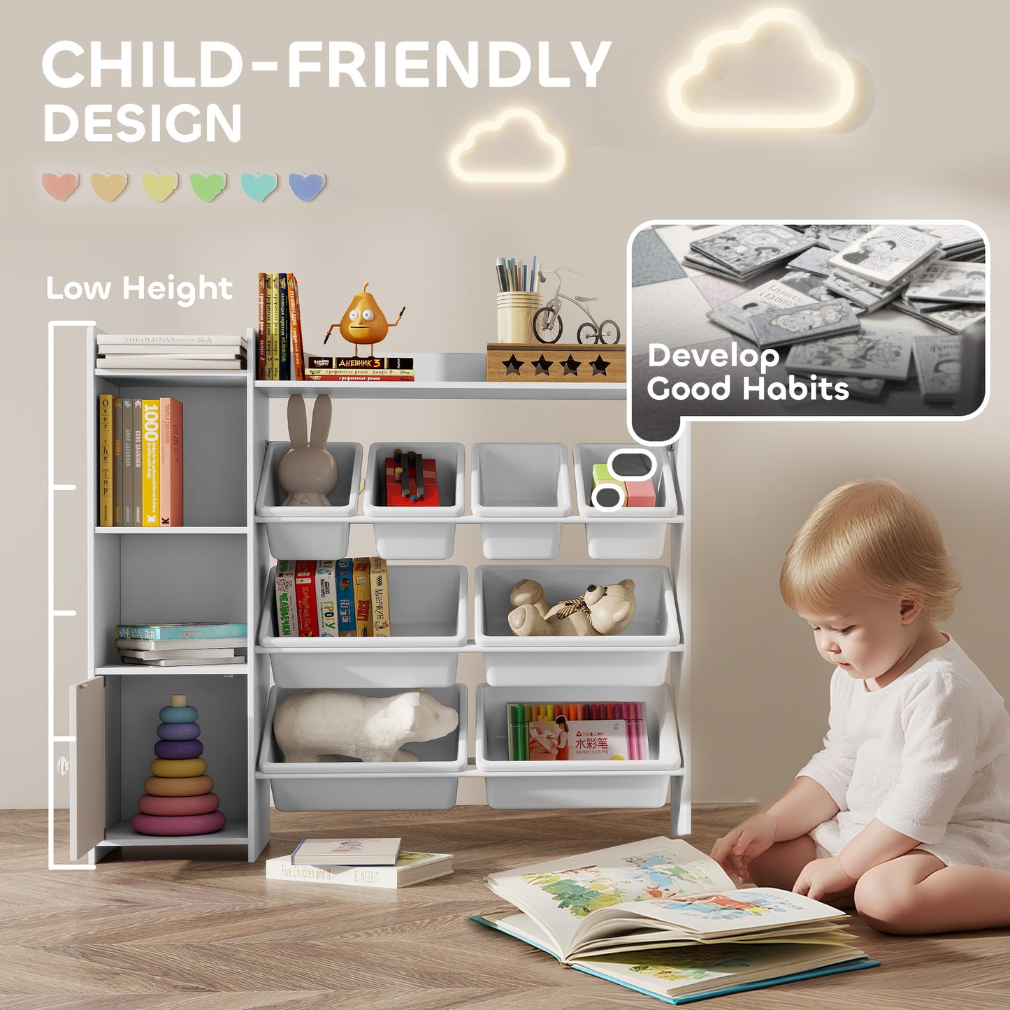 AIYAPLAY Toy Storage Unit With 8 Removable Bins And Shelves And Cabinet In White For Kids Bedrooms And Playrooms