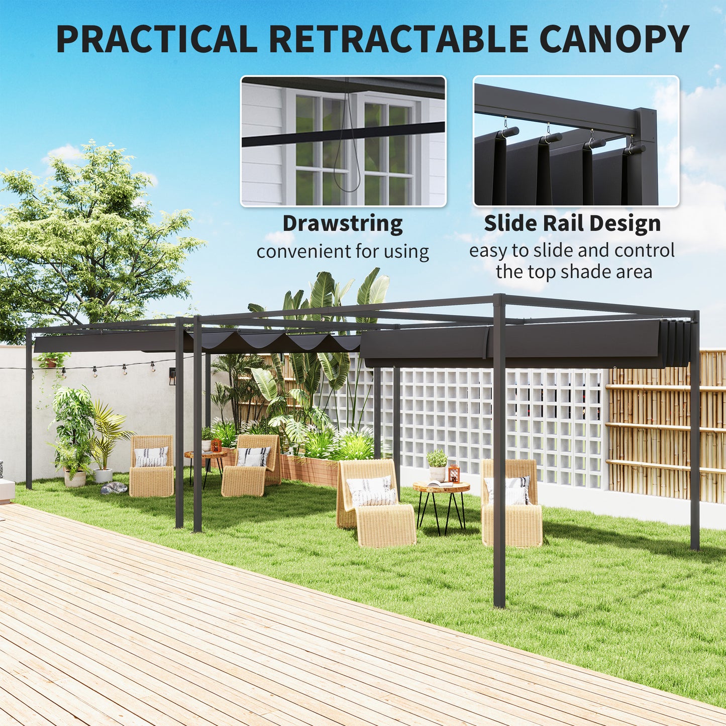 Outsunny 4m by 3m Metal Pergola Retractable Canopy Roof Black Garden Patio Shade