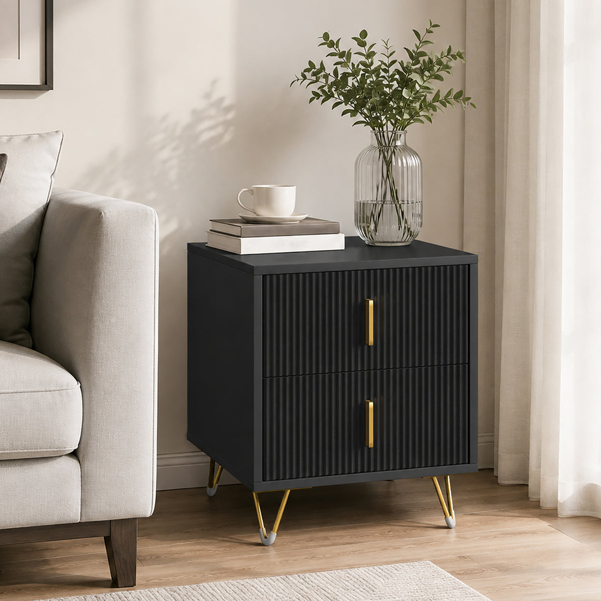 Homcom Elegant Fluted Bedside Table With Two Drawers And Gold Handles