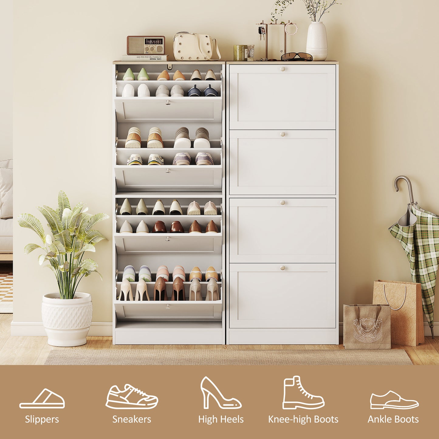 HOMCOM Modern Four Drawer Shoe Storage Cabinet White With Adjustable Shelves Holds 24 Pairs
