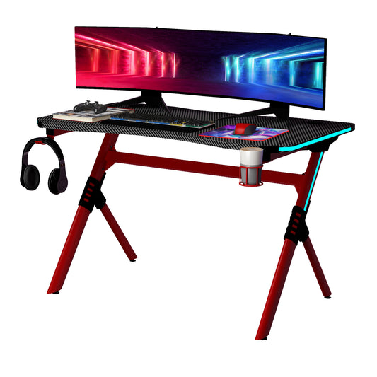 HOMCOM RGB LED Gaming Desk with Racing Style Design, Cup Holder & Cable Management in Red - ALL4U RETAILER LTD