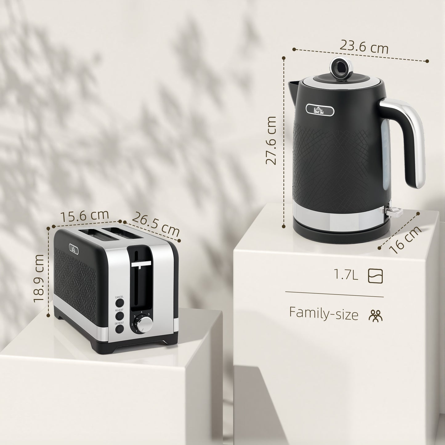 HOMCOM Sleek Textured Kettle And Toaster Set Matte Black Finish With Otter Thermostat 1.7L Kettle