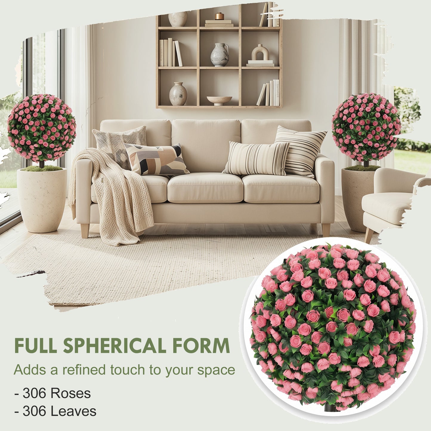 HOMCOM UV Resistant Artificial Rose Topiary 2 Pack Pink 55 CM Tall Outdoor Indoor Decor