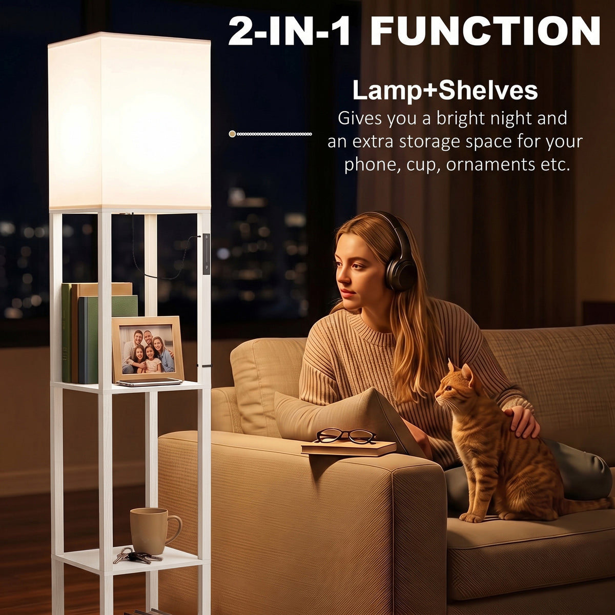 White floor lamp with three open shelves, standing beside sofa with small decor