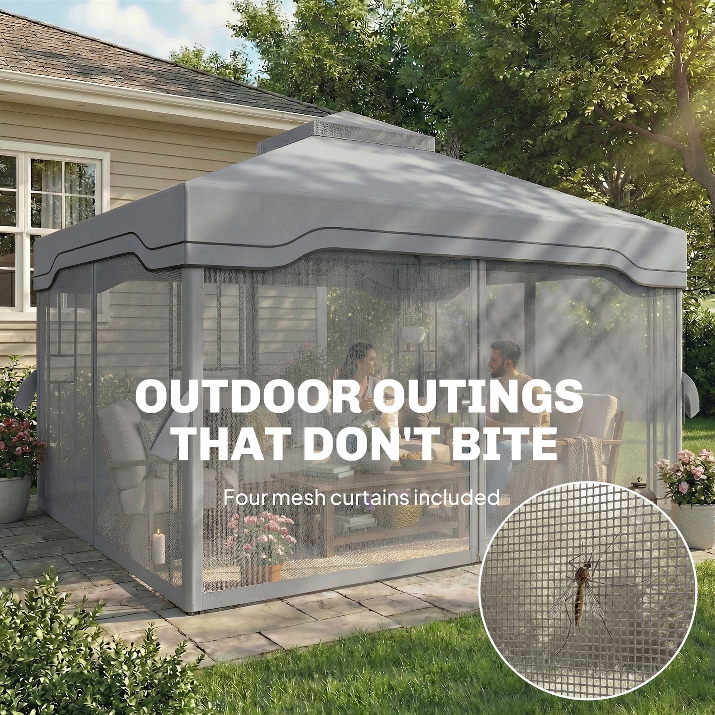 Outsunny 3 X 3.6 m Outdoor Garden Gazebo With Post Shelves UPF50 Plus Roof Mesh Panels Dark Grey