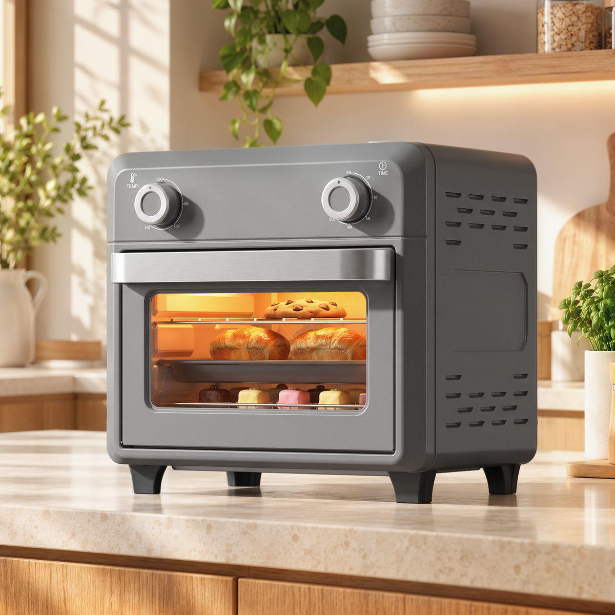 Grey 10L air fryer oven with glass door and two top control knobs