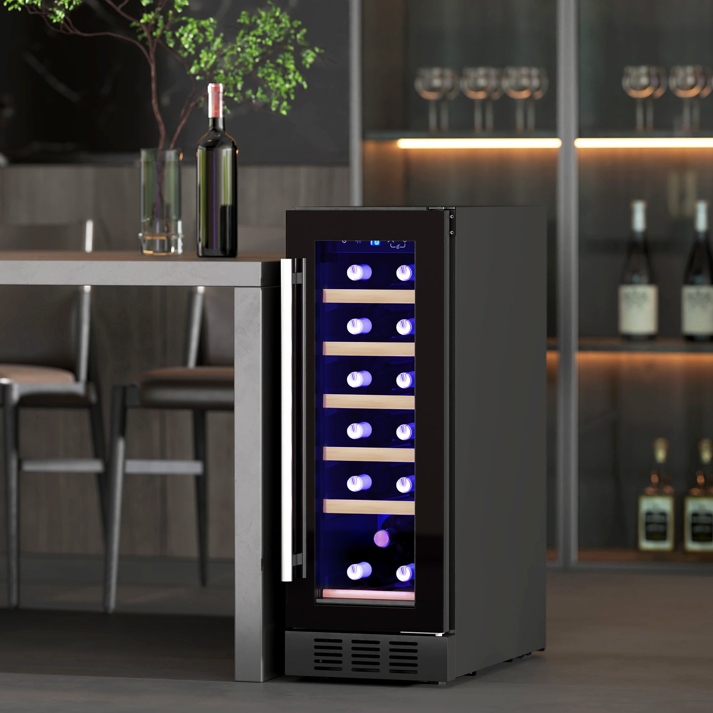HOMCOM 19 Bottle Wine Fridge with Wooden Racks, Adjustable Space for Larger Bottles, Glass Door 5-18 Celsius Black