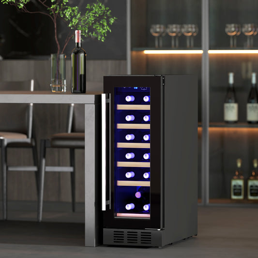 HOMCOM 19 Bottle Wine Fridge with Wooden Racks, Adjustable Space for Larger Bottles, Glass Door 5-18 Celsius Black