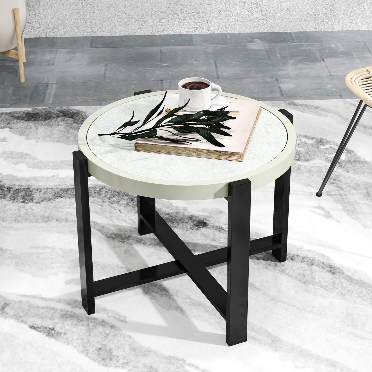 Outsunny Round Garden Table 60cm Outdoor Side Table With Faux Marble Tempered Glass Top Aluminium Frame Light Grey