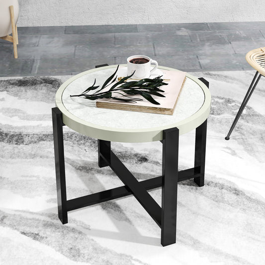 Outsunny Round Garden Table 60cm Outdoor Side Table With Faux Marble Tempered Glass Top Aluminium Frame Light Grey
