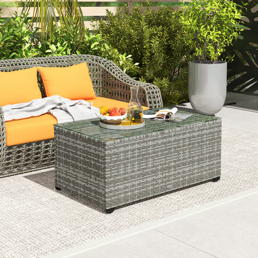 Outsunny 90 x 50 cm Tempered Glass Top Rattan Side Table Light Grey Garden Furniture