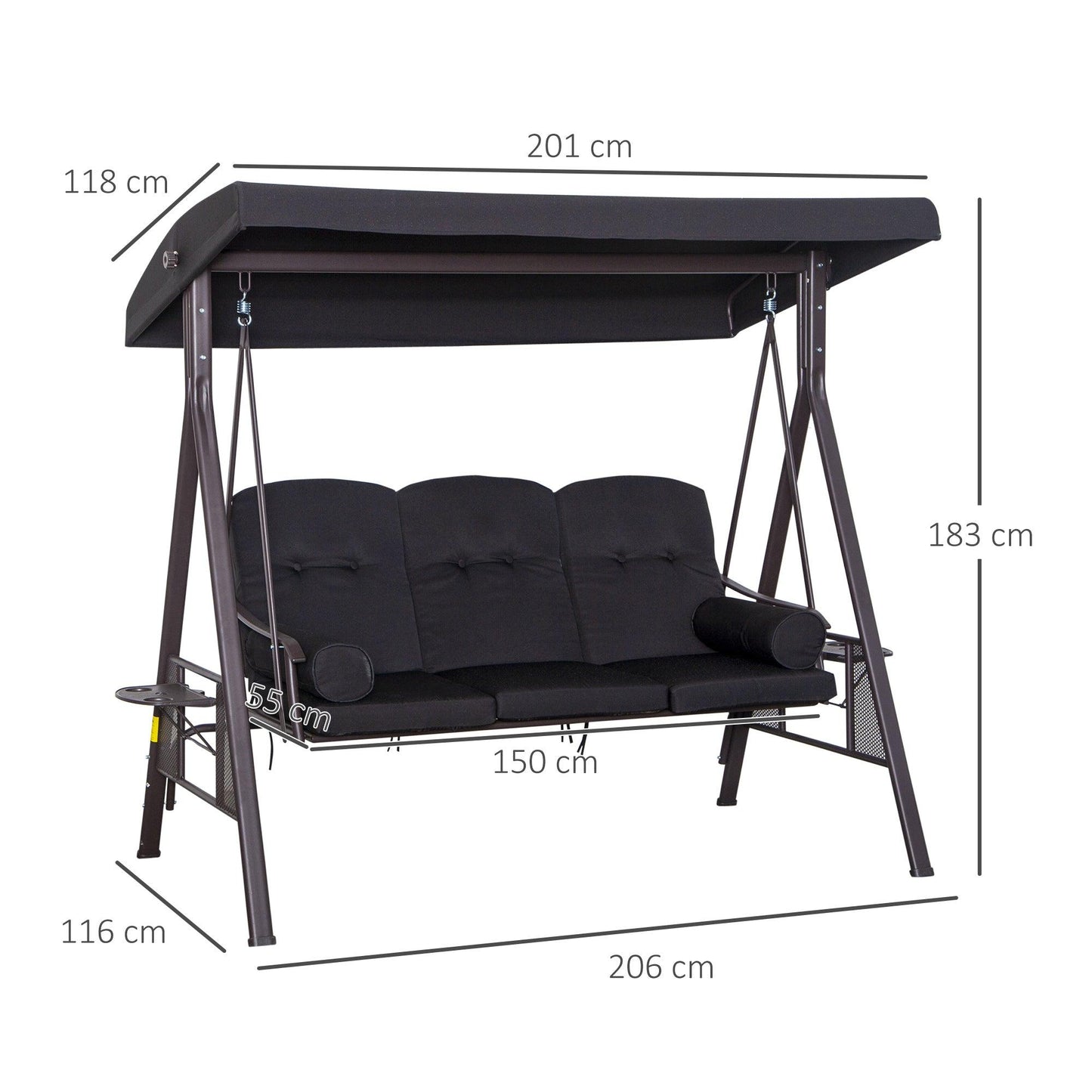 Outsunny 3 Seater Garden Swing Chair Patio Swing Bench w/ Cup Trays Black - ALL4U RETAILER LTD