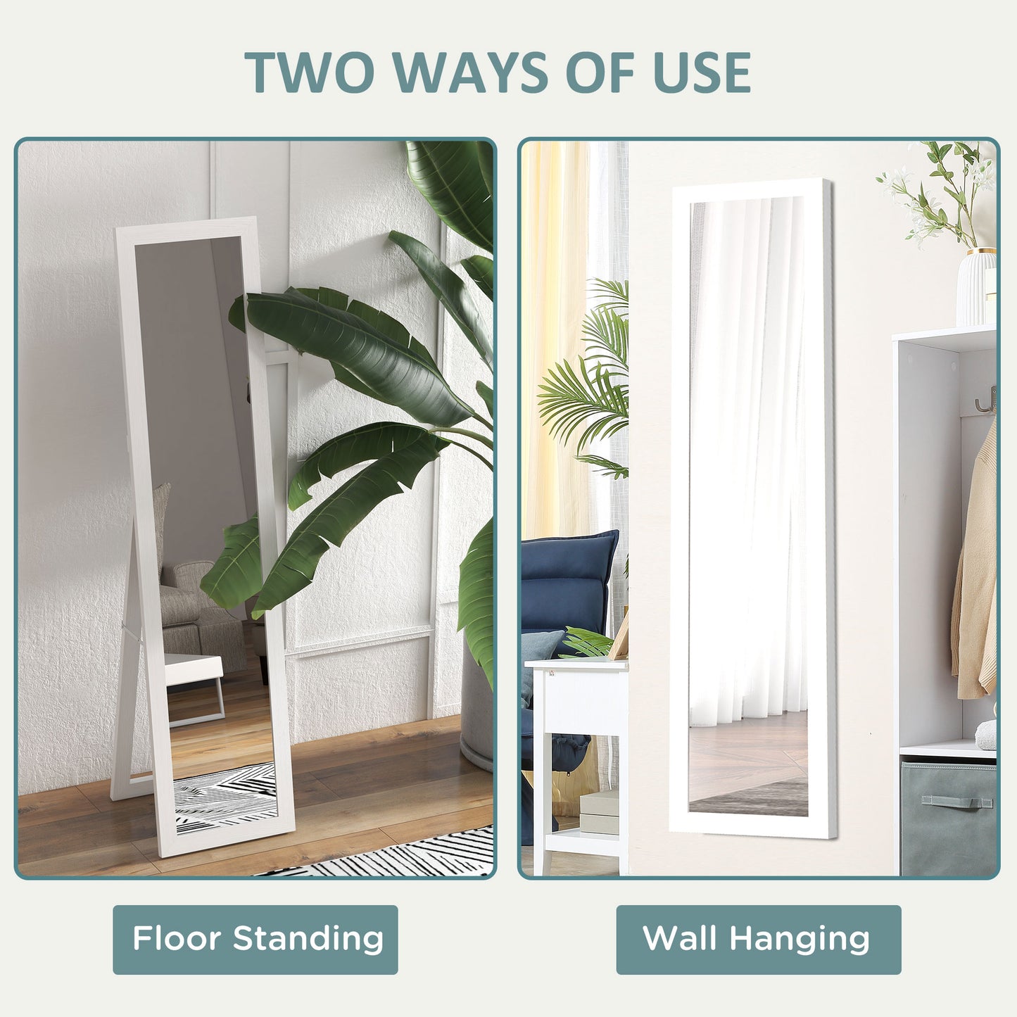 HOMCOM Farmhouse Style Full Length Mirror, Versatile Hanging and Freestanding Design, Decorative Wall Mirror for Bedroom and Living Room, 157 cm, White - ALL4U RETAILER LTD