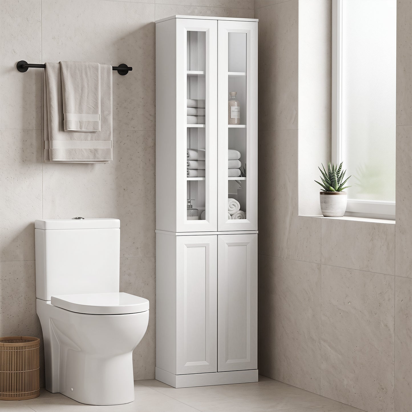 HOMCOM Tall Bathroom Storage Cabinet Six Tier Slim Design With Adjustable Shelf Four Soft Close Doors White