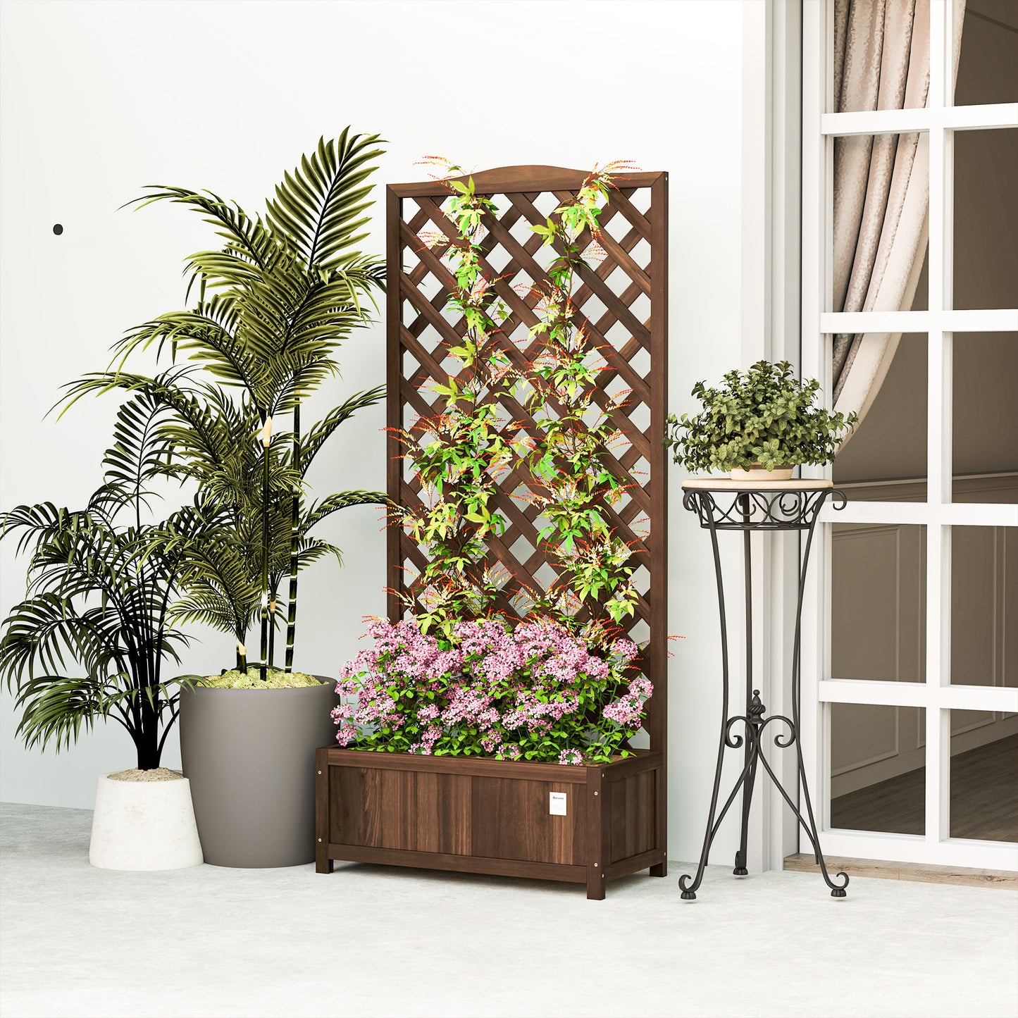 Outsunny Wooden Planter With Trellis Freestanding Raised Bed Planter For Climbing Plants 76x36x170 Cm Dark Brown