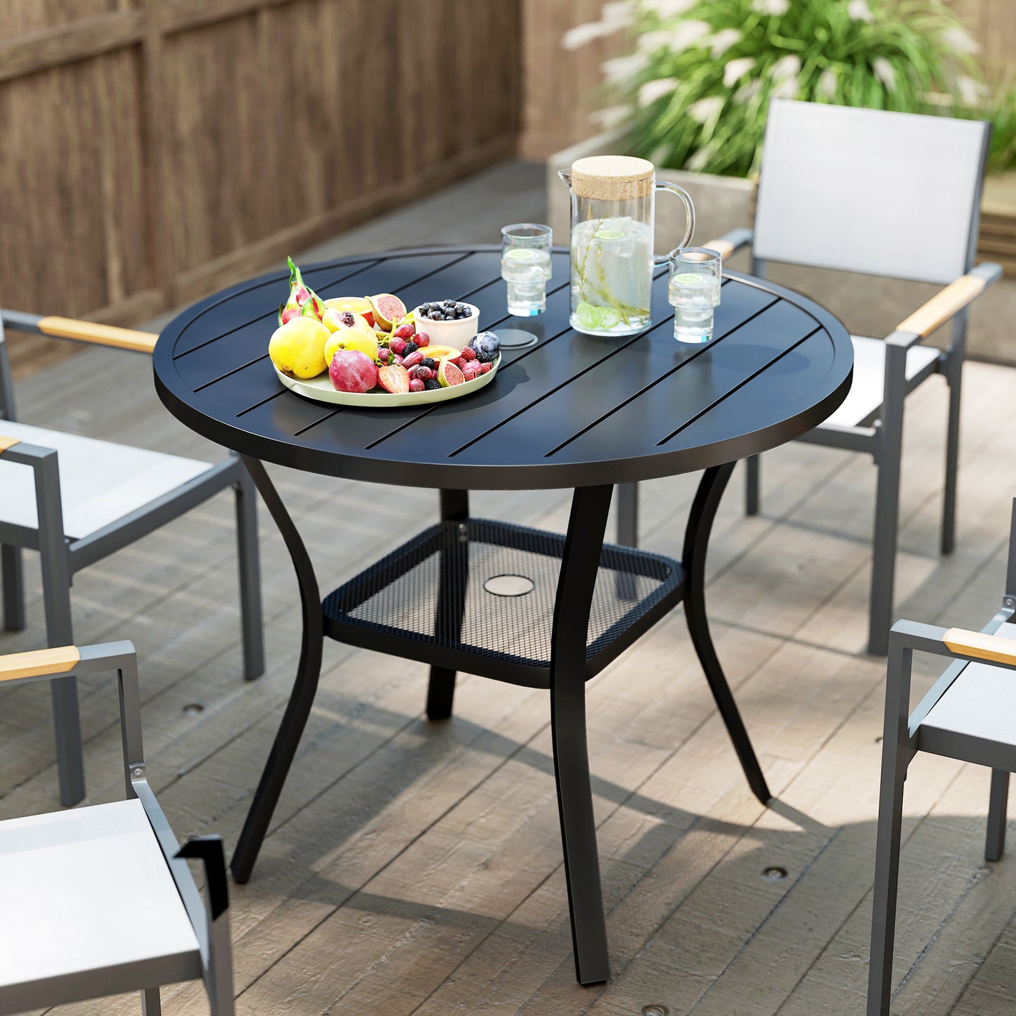 Outsunny 90 cm Round Garden Dining Table with Parasol Hole 40 to 50 mm Steel Slatted Top and Wire Shelf Black