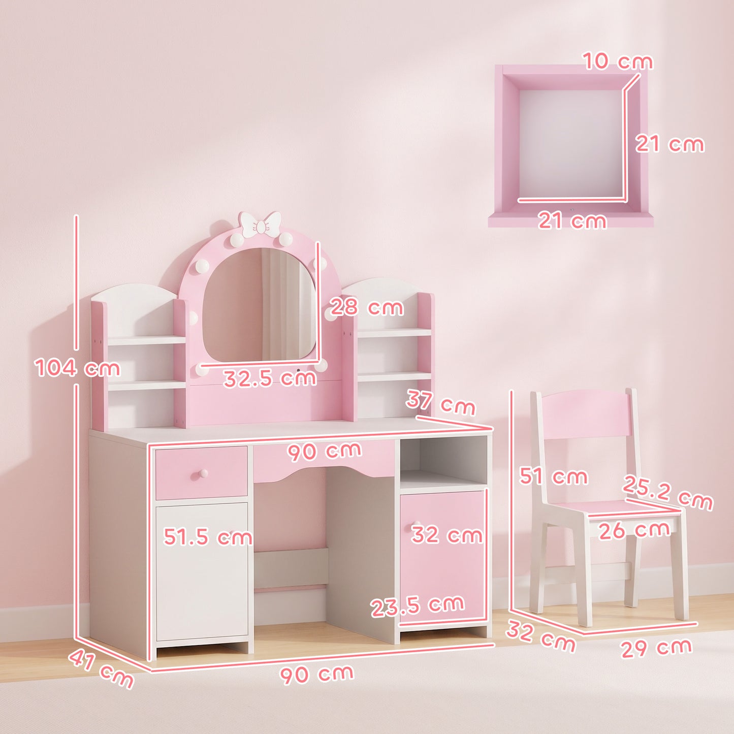 AIYAPLAY Kids Vanity Set Pink With Lighted Mirror And Storage Stool