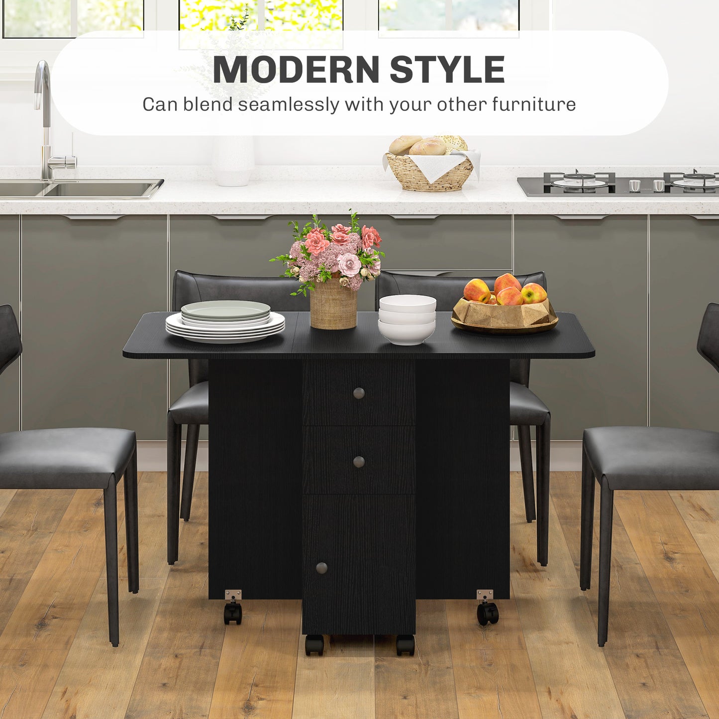 HOMCOM Multi Storage Six Person Drop Leaf Dining Table Distressed Black With Lift Up Tabletops And Built Storage Drawers