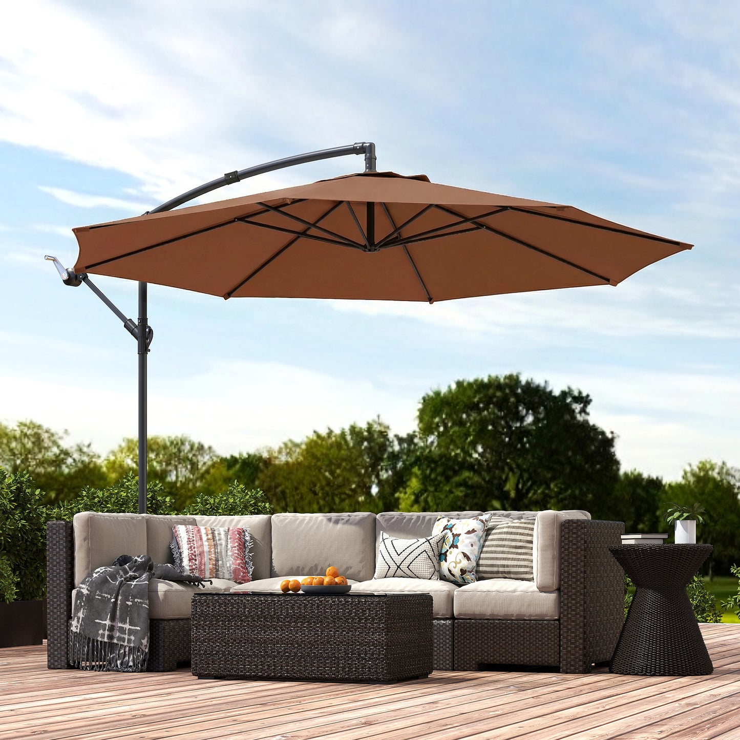 Outsunny Three Meter Overhanging Cantilever Parasol With Cross Base Coffee UV Resistant Fabric