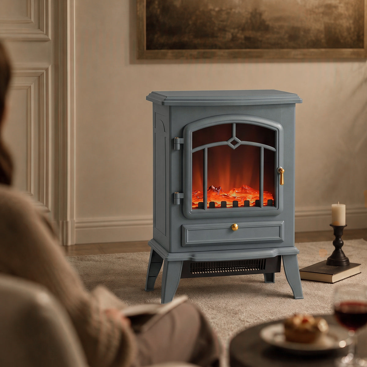 Grey electric fireplace stove heater with LED flames, compact front design