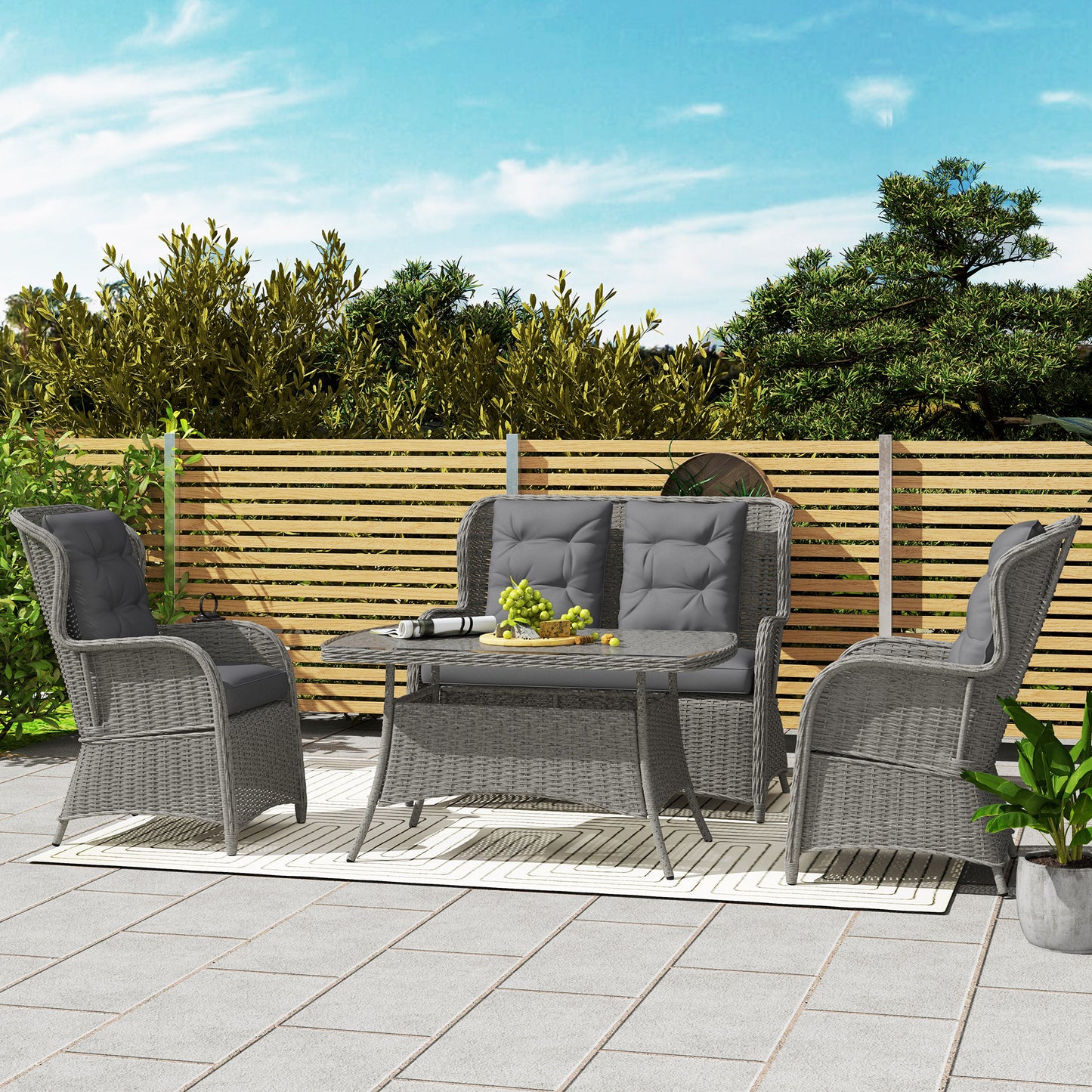Outsunny 4 Seater PE Rattan Garden Sofa Set With High Back Cushioned Chairs And Tempered Glass Coffee Table Light Grey