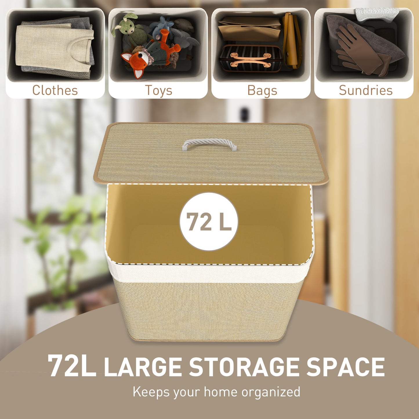 HOMCOM Bamboo Laundry Basket With Lid 72L Laundry Hamper Rope Handles Removable Liner Bag Bathroom Bedroom Nature Wood