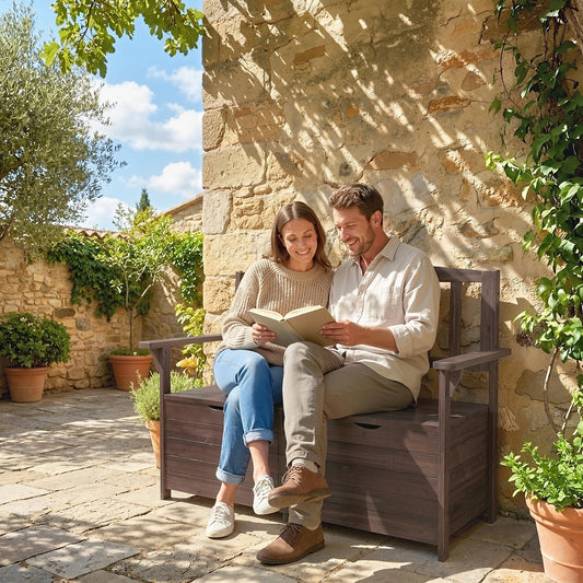 Outsunny Outdoor 2 Seater Garden Bench With Storage Brown Fir Wood Backrest And Armrests 112 X 84 X 58 Cm
