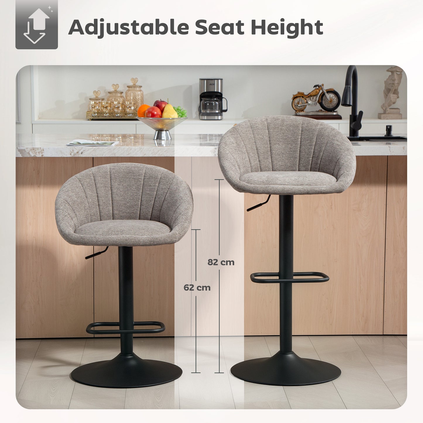HOMCOM Set Of Two Relaxed Tub Bar Stools Grey With Adjustable Height 62 To 82 Cm And 360 Degree Swivel