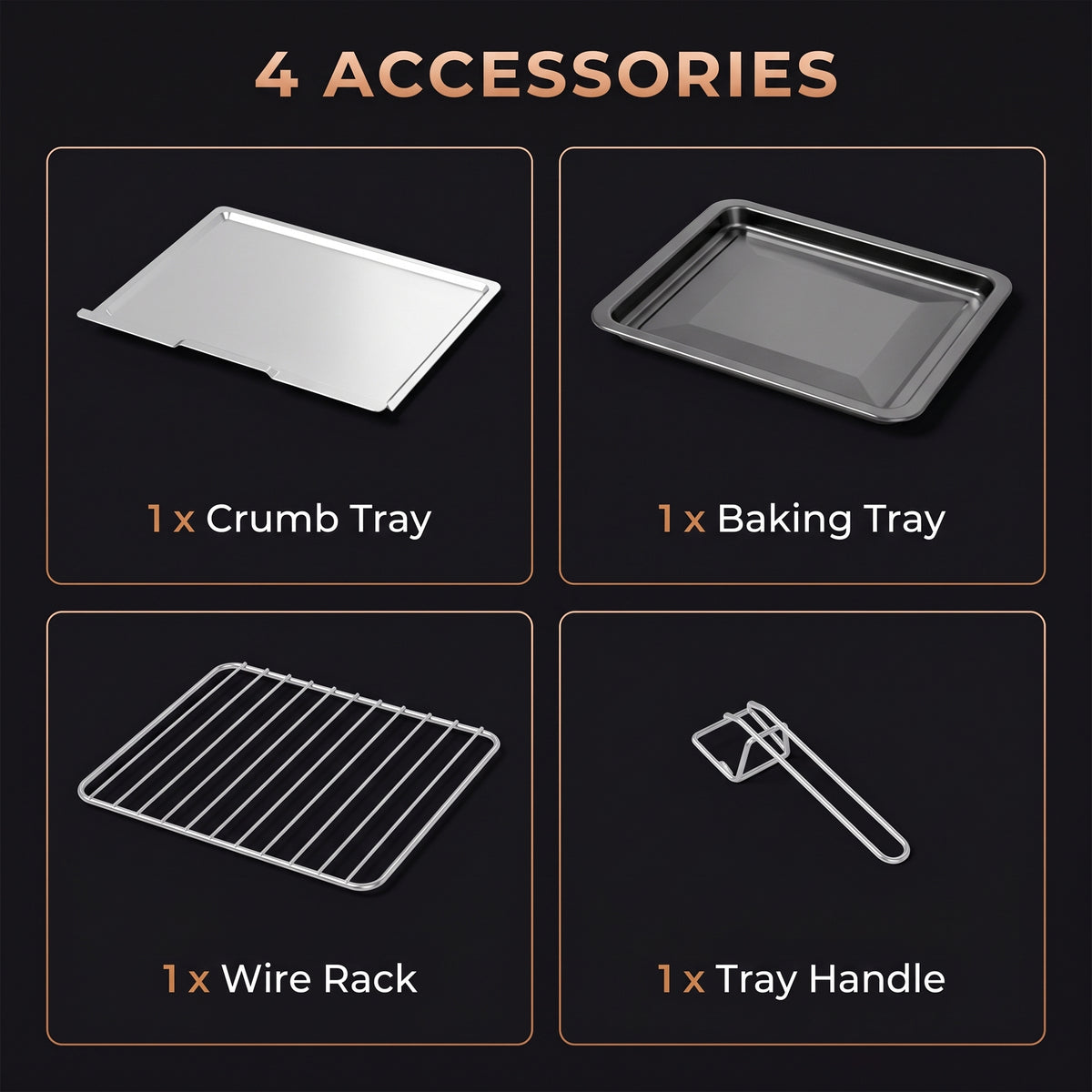 Mini oven accessories set: crumb tray, baking tray, wire rack, and tray handle