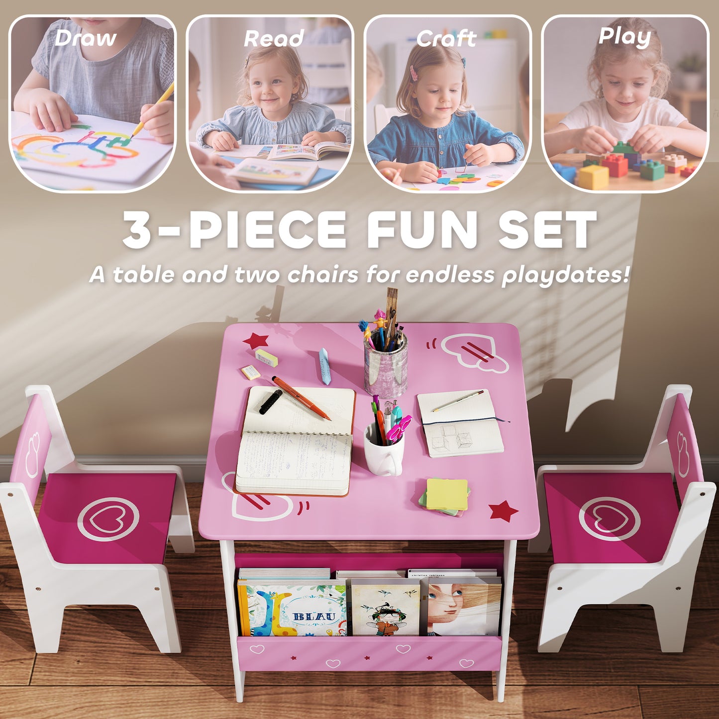 AIYAPLAY 3 Pieces Kids Table And Chair Set Pink With Built In Book Racks Toddler Activity Table For Living Room