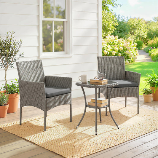 Outsunny 3 Piece Rattan Bistro Set Outdoor Conversation Set With Glass Top Table Cushioned Chairs Dark Grey