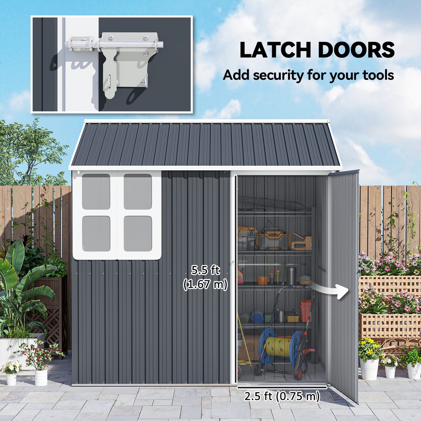 Outsunny 7 By 6ft Galvanised Garden Shed With Latch And Steel Frame Dark Grey Outdoor Storage