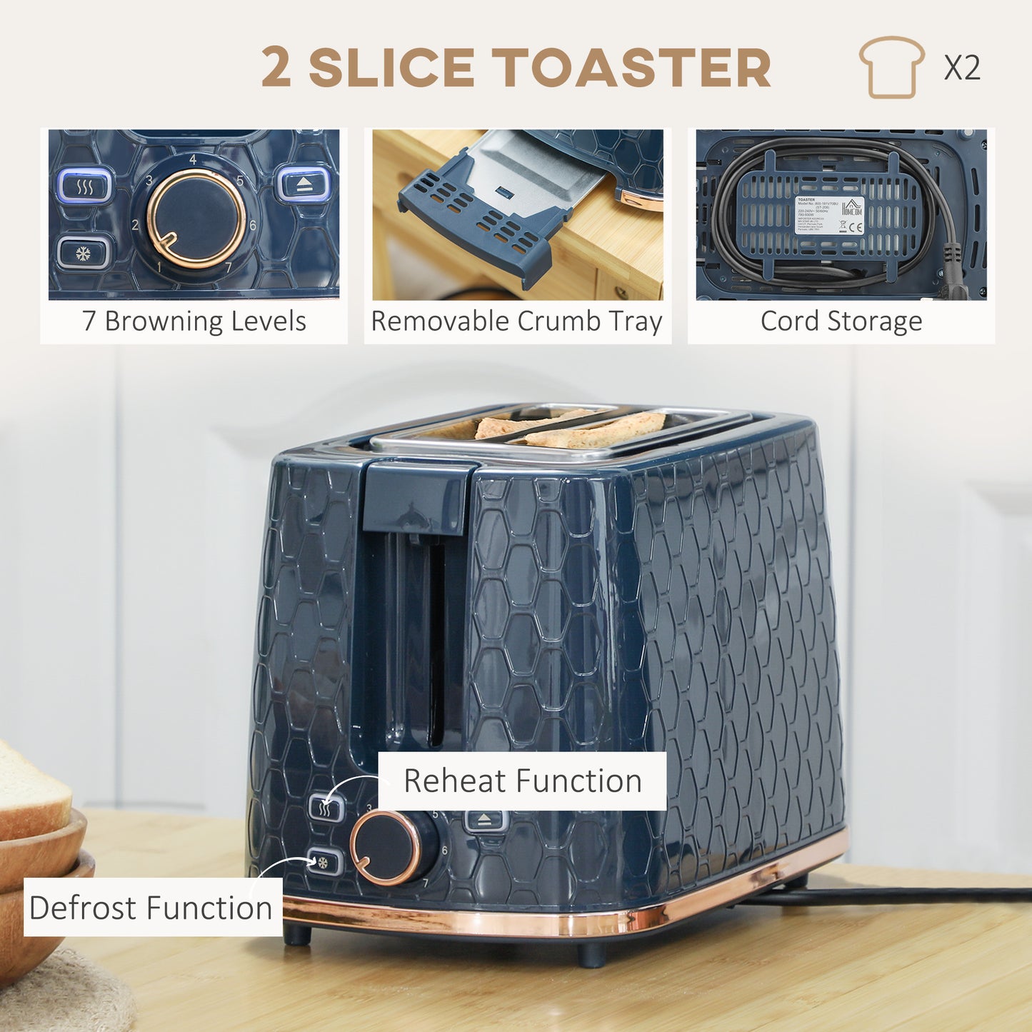 HOMCOM 1.7L 3000W Fast Boil Kettle And 2 Slice Toaster Set With Auto Shut Off And Browning Controls In Blue