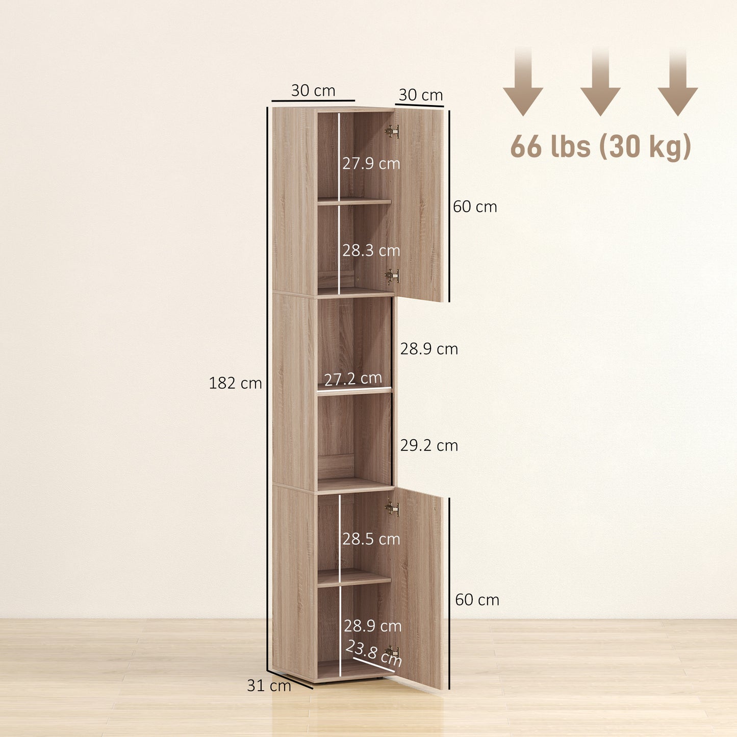 HOMCOM 6 Tier Tall Bathroom Cabinet Slim Space Saving Narrow Storage with Adjustable Shelves Natural Finish
