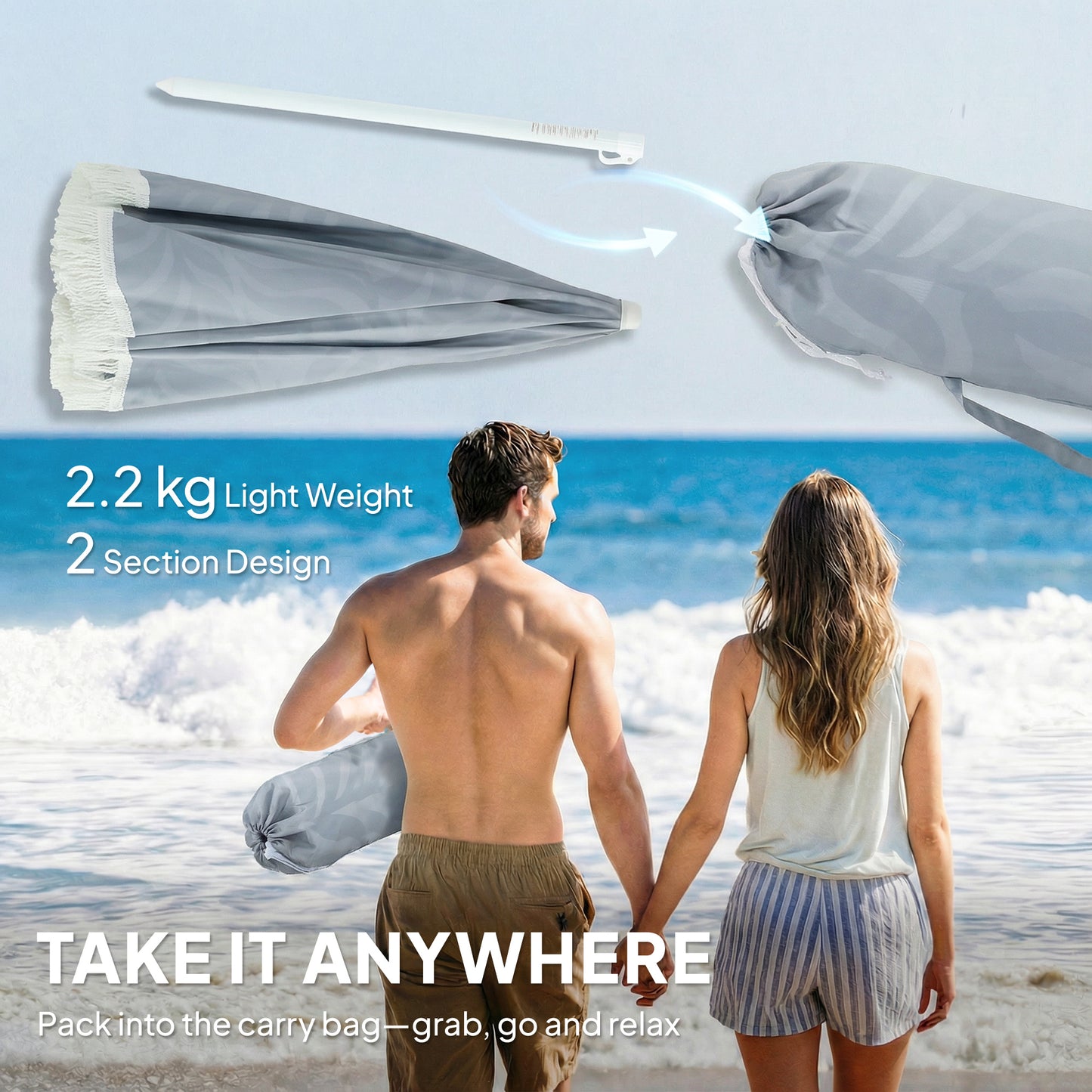Outsunny 1.8 m Beach Umbrella Parasol With Sand Anchor Portable Tilting Garden Parasol Adjustable Height Light Grey