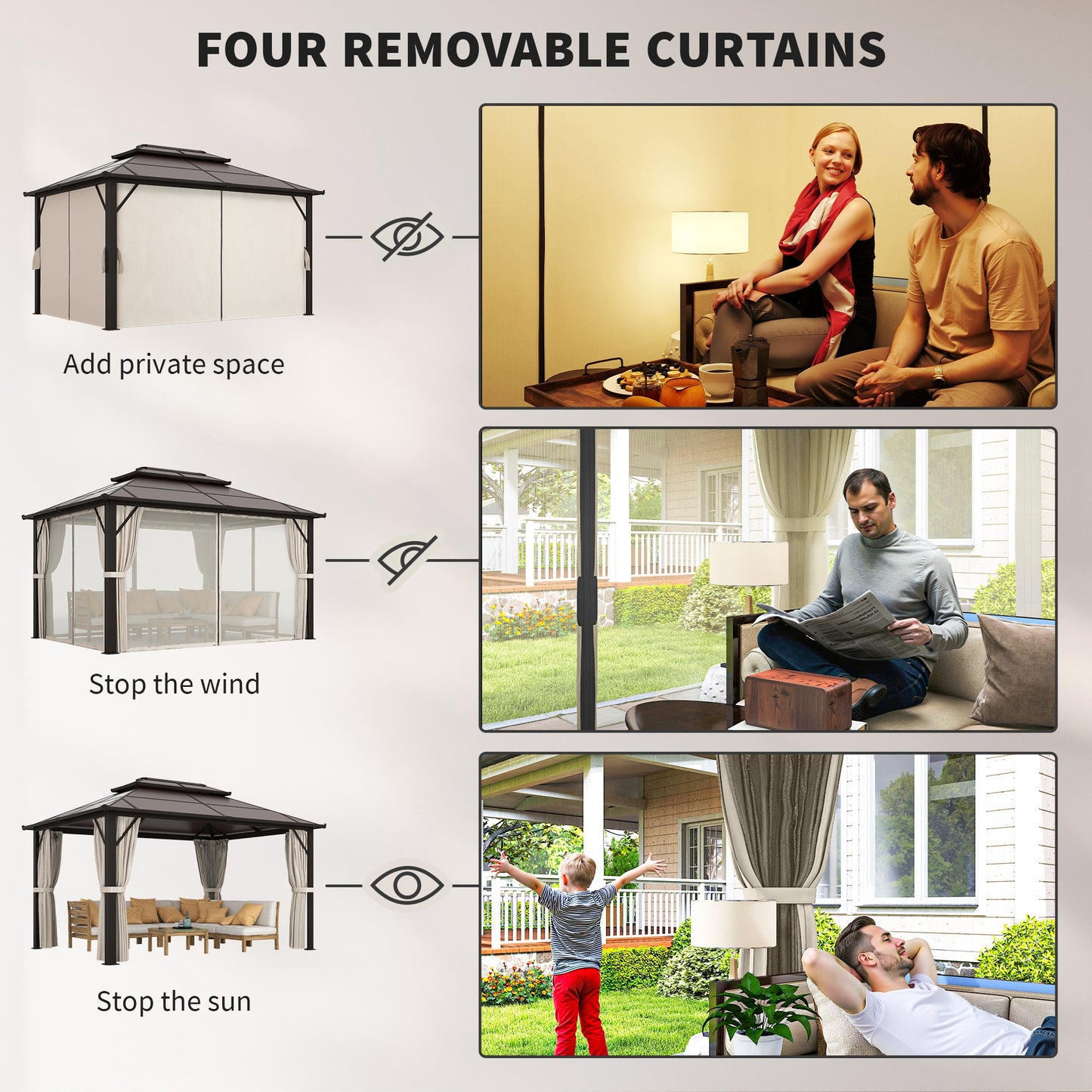 Outsunny 3 By 4m Hardtop Gazebo With UPF30 Polycarbonate Roof Aluminium Frame Mosquito Netting Curtains Beige Patio