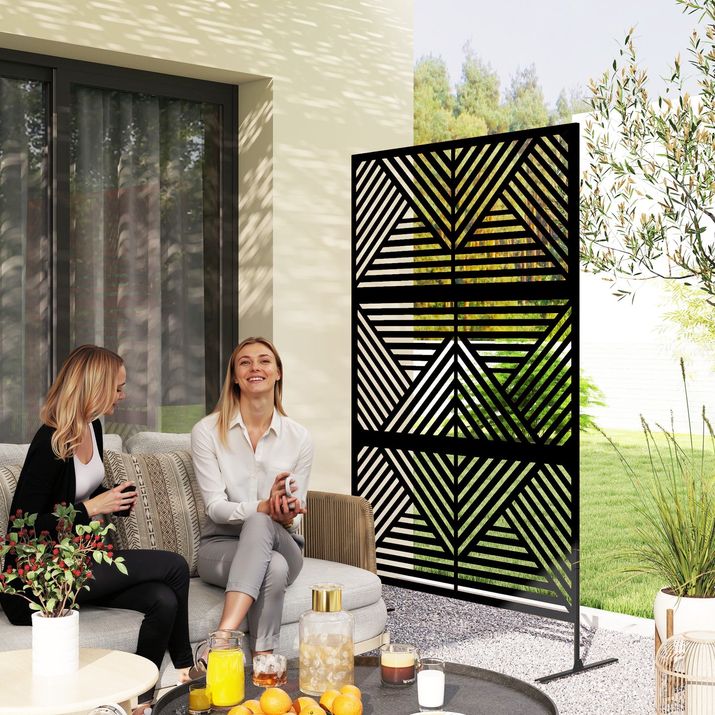 Outsunny 6.5ft Freestanding Metal Outdoor Privacy Screen With Stand Rhombus Style Black Garden Divider