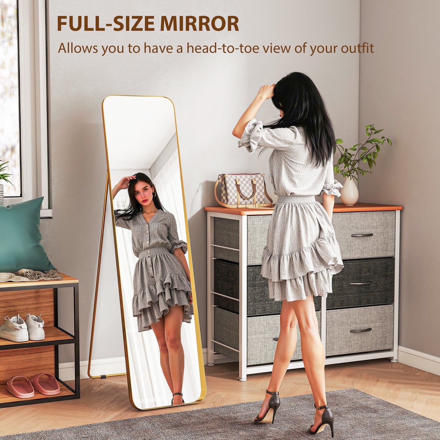 HOMCOM 40 x 160 Cm Rectangular Full Length Mirror Gold Tone With Tilt For Lean Against Wall Or Free Standing Bracket