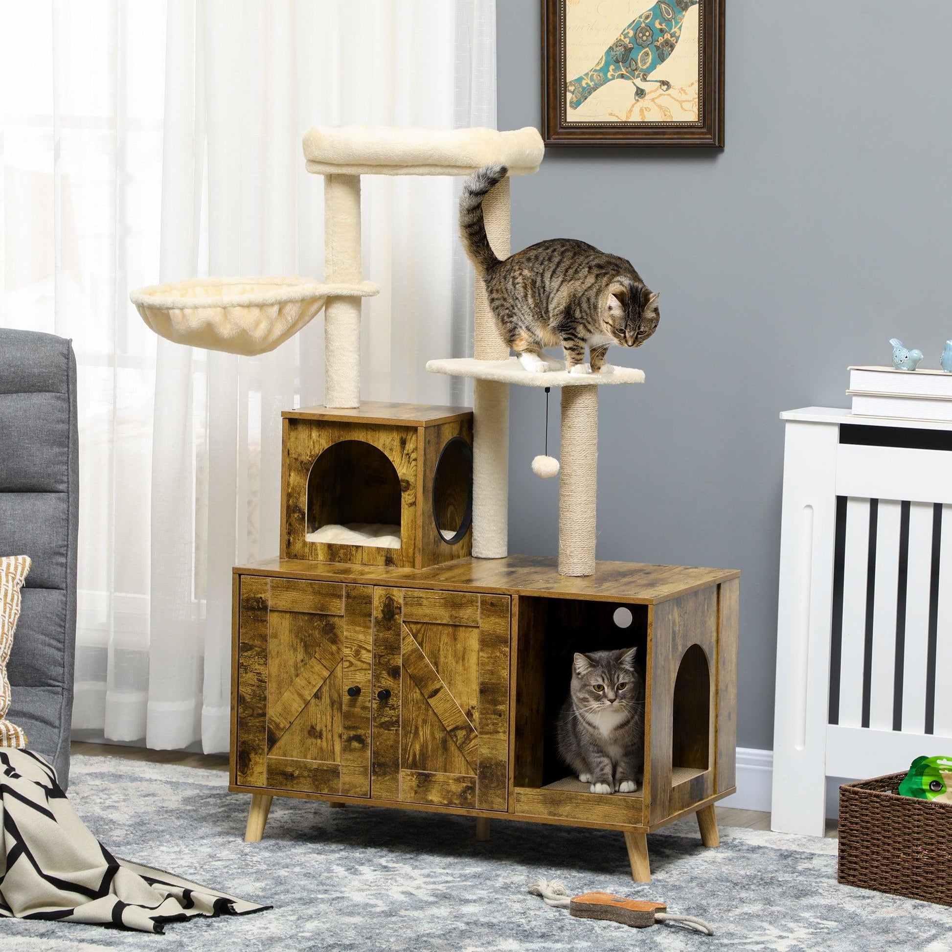 PawHut Rustic Brown Cat Litter Box Enclosure with Tree Tower, Cat House, Hammock - ALL4U RETAILER LTD