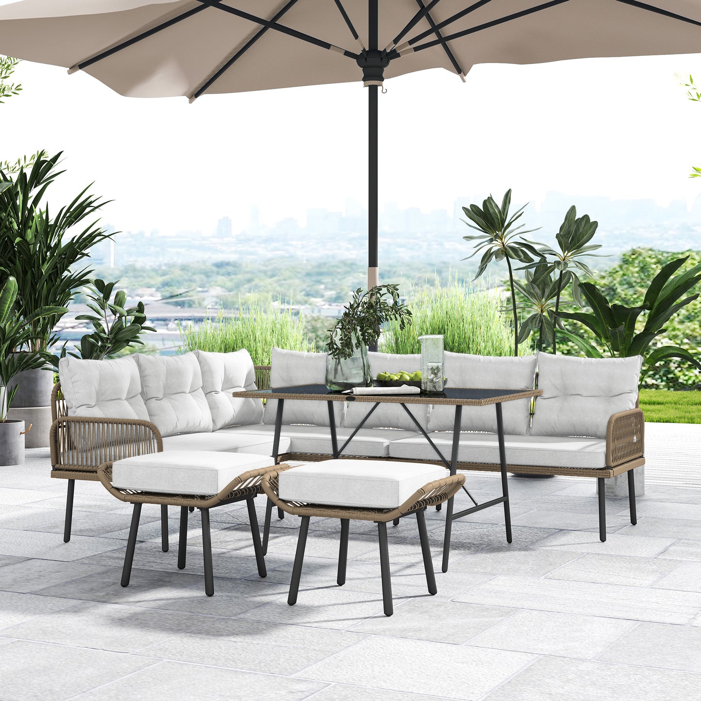 Outsunny 6 Piece Rattan Garden Furniture Set With Cushions And Glass Top Table 8 Seater Cream White