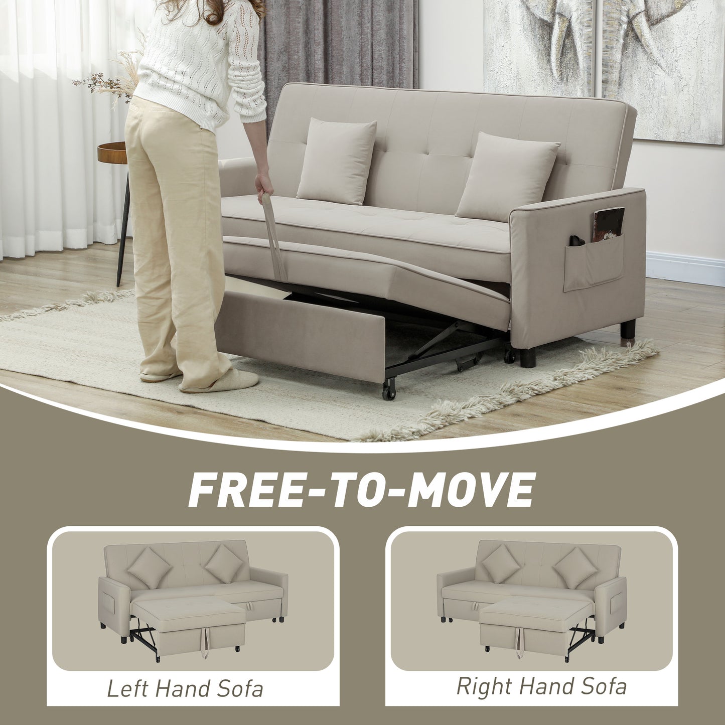 HOMCOM Velvet Feel Three Seater Sofa Bed With Click Clack Function And Wheels Beige