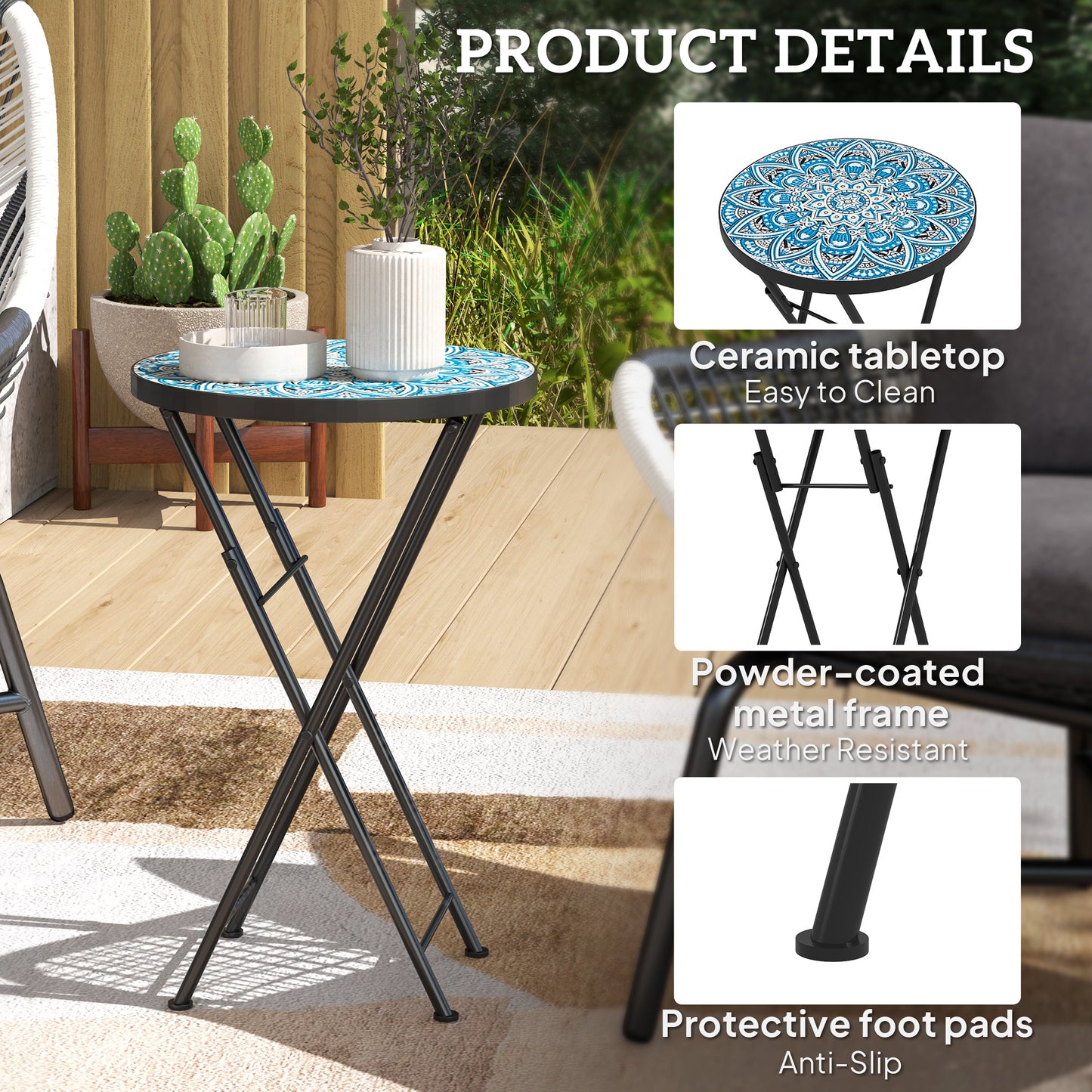 Outsunny Mosaic Outdoor Garden Table 35.5cm Round Folding Coffee Table With Metal Frame Blue For Balcony Terrace