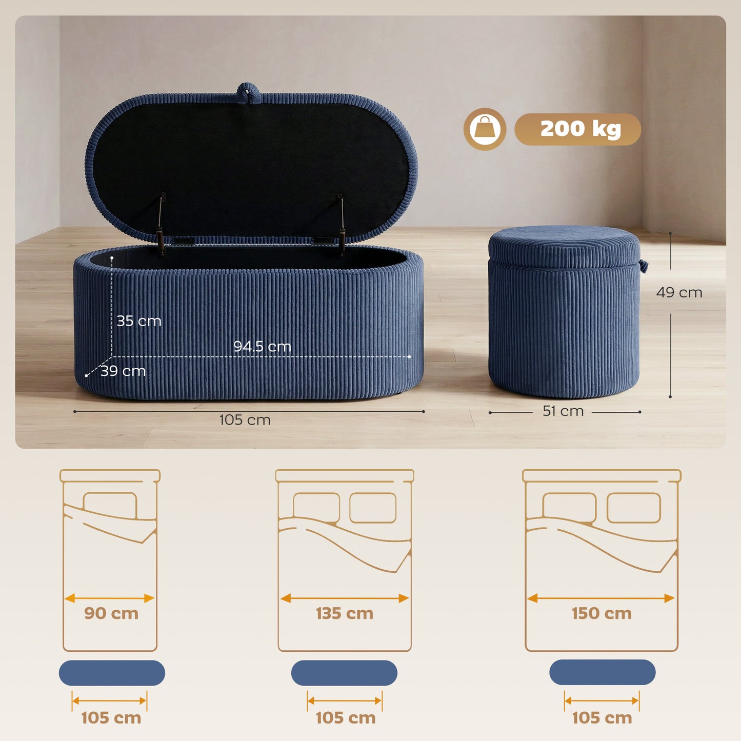 HOMCOM Corduroy Upholstered Storage Ottoman With Padded Seat 105 x 51 x 49 cm Blue