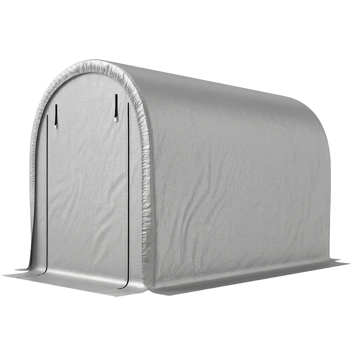 Gray waterproof storage tent cover with arched metal frame, end panel and side view.