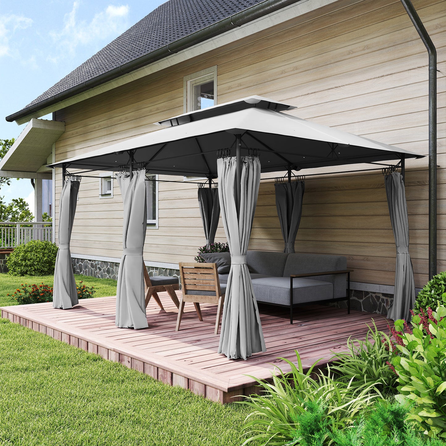 Outsunny 3x4m Metal Frame Gazebo With Two Tier Roof In Dark Grey For Outdoor Parties And Relaxation