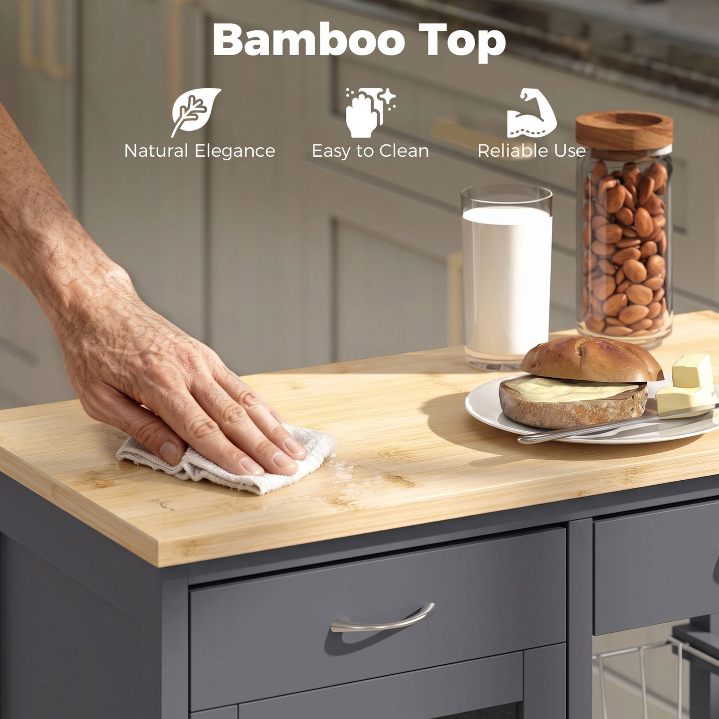 HOMCOM Bamboo Kitchen Island Rolling Trolley With Glass Door And Two Metal Wire Baskets Adjustable Shelf Grey