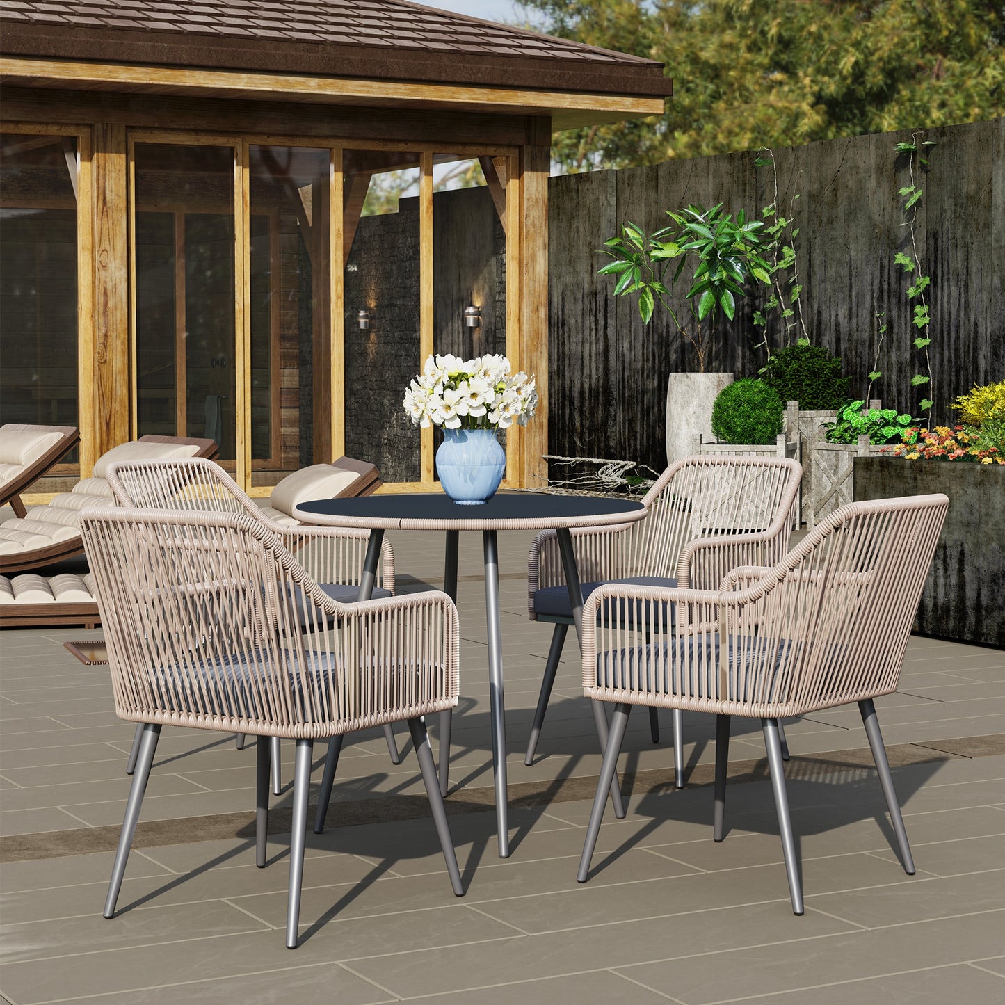 Outsunny 4 Seater Rattan Dining Set With Parasol Hole Round Glass Top Table And Cushioned Chairs Light Brown