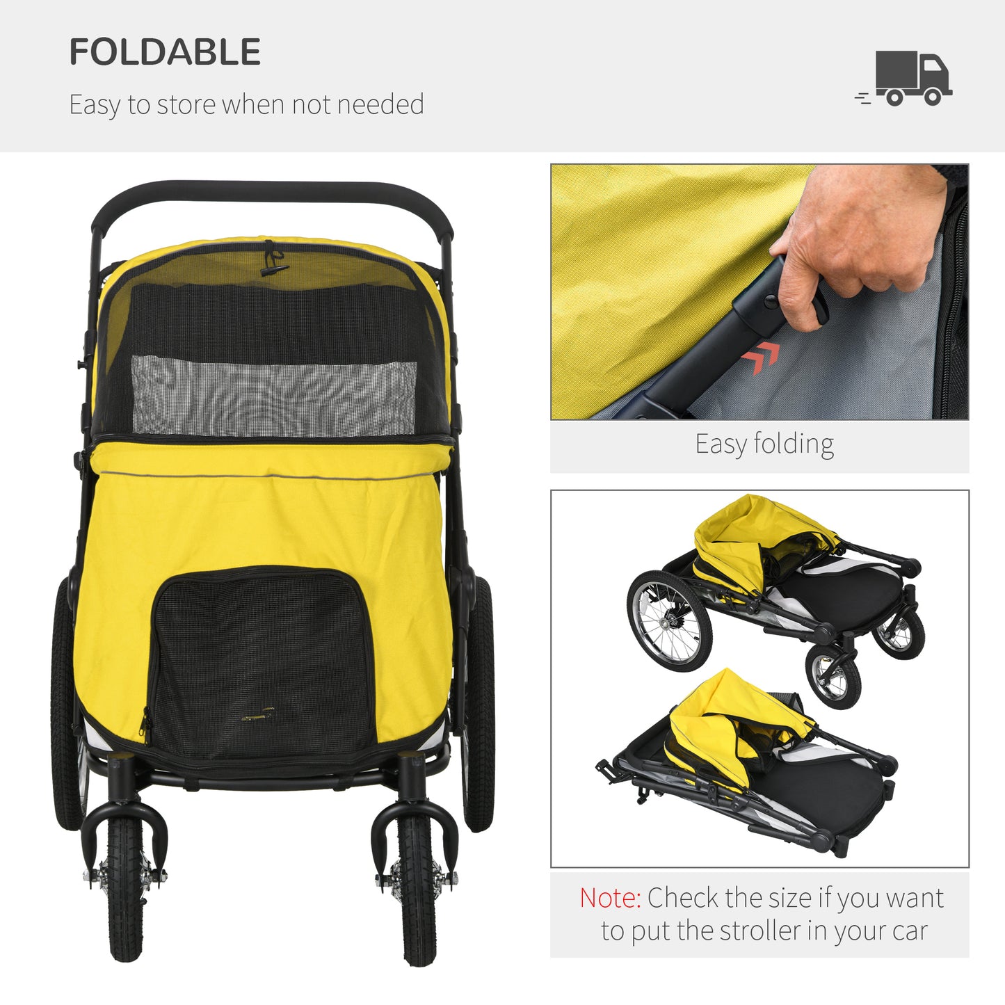 PawHut Large Dog & Cat Travel Stroller with Washable Cushion, Safety Leash, and Storage Bags - Yellow - ALL4U RETAILER LTD