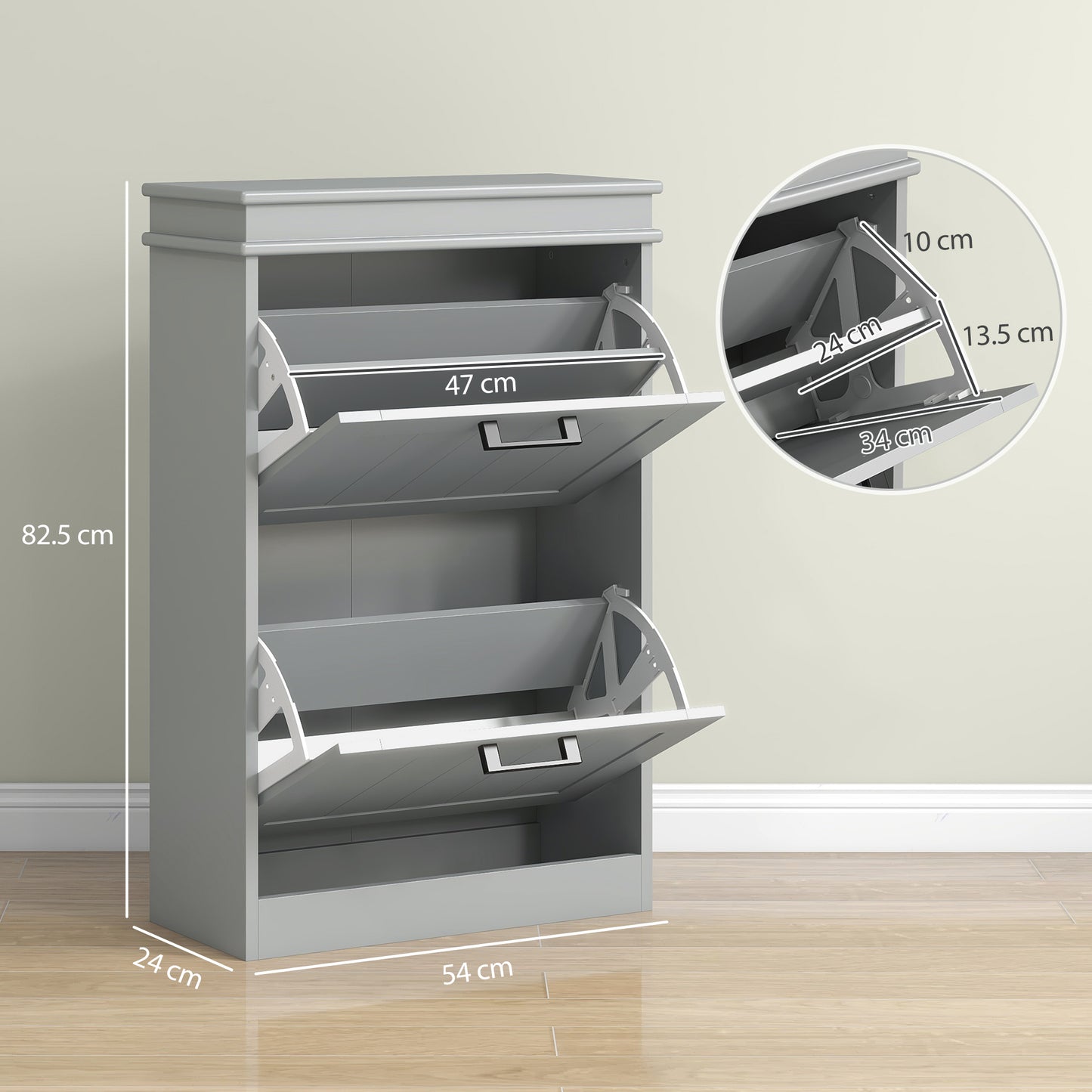 HOMCOM Two Drawer Minimalistic 10 Shoe Cabinet in Grey with Adjustable Shelves for Small Spaces